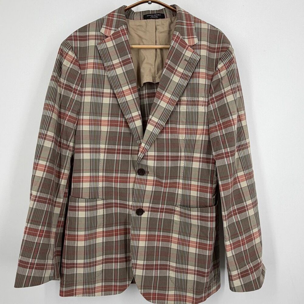 Banana Republic Beige Gray Pink Shabby Chic Plaid Tailored Slim Blazer Size 38